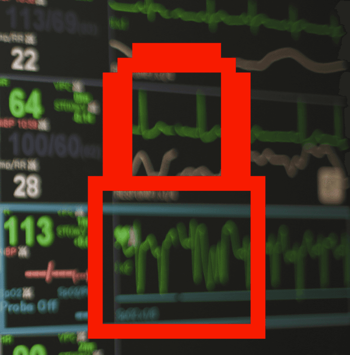 Graphic of a red, pixelated lock overlaid on an EKG machine display.
