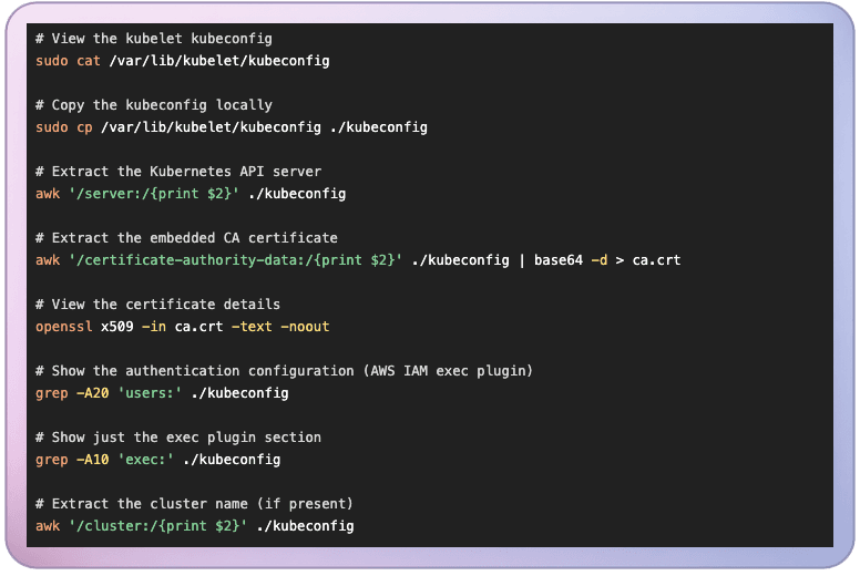 An attacker’s commands to retrieve authentication components.