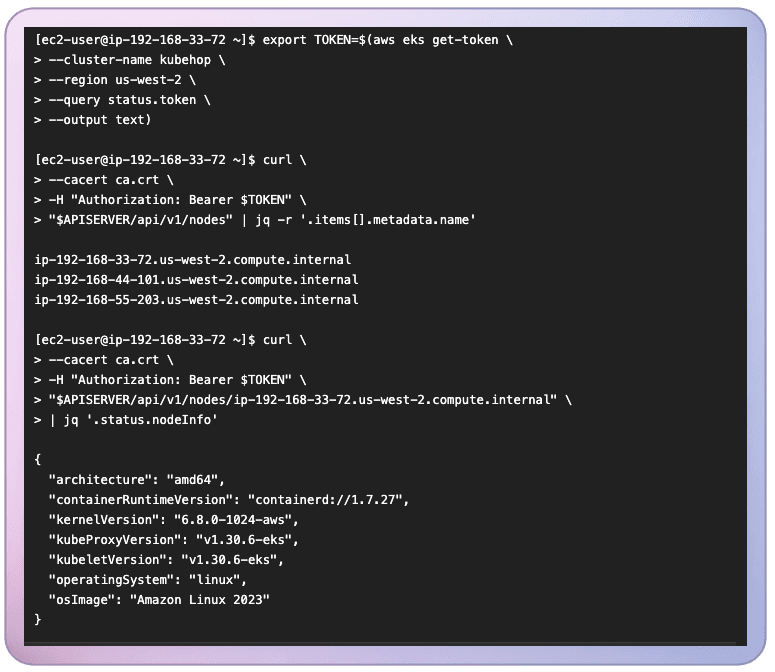 CLI view of an authenticated K8s cluster enumeration.
